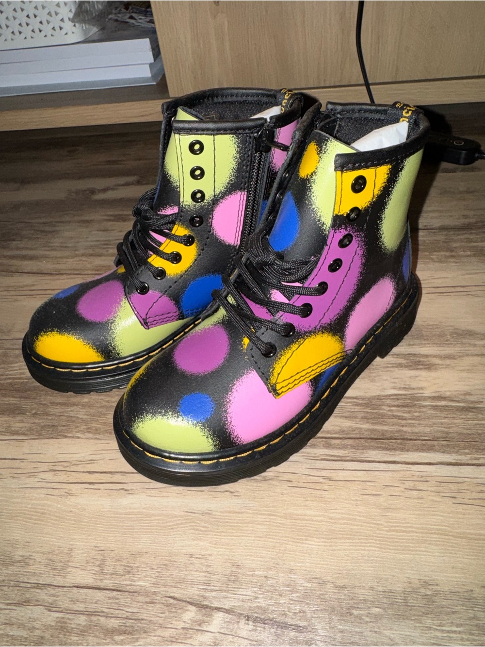 Dr. Martens Kids Black Boots with Yellow, Pink, Blue & Green Polka Dots